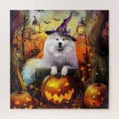 Spooky Samoyed hond Halloween heks en pompoen Legpuzzel (Verticaal)