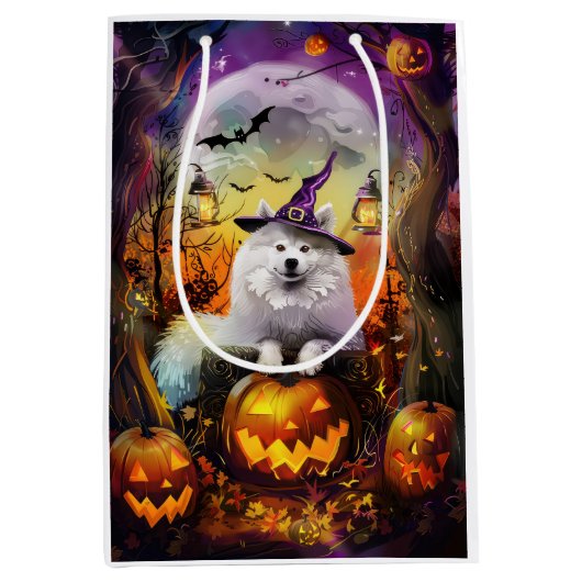 Spooky Samoyed hond Halloween heks en pompoen Medium Cadeauzakje (Voorkant)