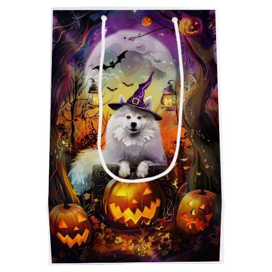 Spooky Samoyed hond Halloween heks en pompoen Medium Cadeauzakje (Achterkant)
