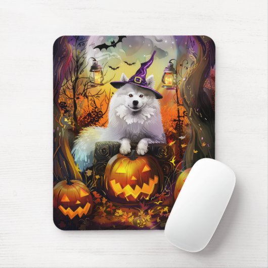 Spooky Samoyed hond Halloween heks en pompoen Muismat (Met muis)