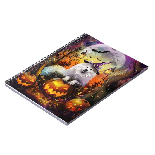 Spooky Samoyed hond Halloween heks en pompoen Notitieboek (Linkerzijde)