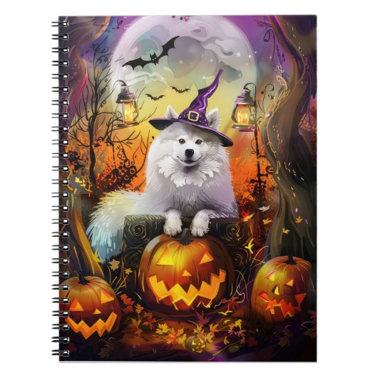 Spooky Samoyed hond Halloween heks en pompoen Notitieboek (Voorkant)