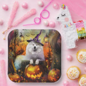 Spooky Samoyed hond Halloween heks en pompoen Papieren Bordje (Feest)