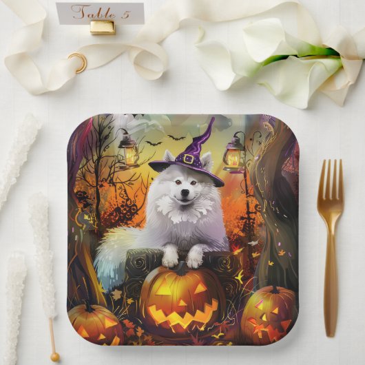 Spooky Samoyed hond Halloween heks en pompoen Papieren Bordje (Huwelijk)