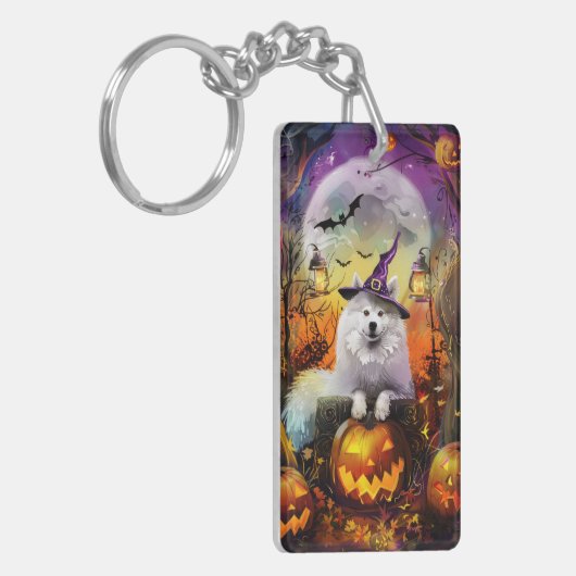 Spooky Samoyed hond Halloween heks en pompoen Sleutelhanger (Voorkant Links)