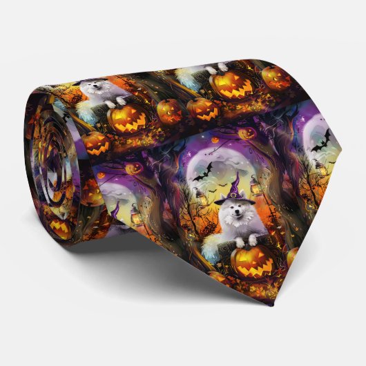 Spooky Samoyed hond Halloween heks en pompoen Stropdas (Opgerold)
