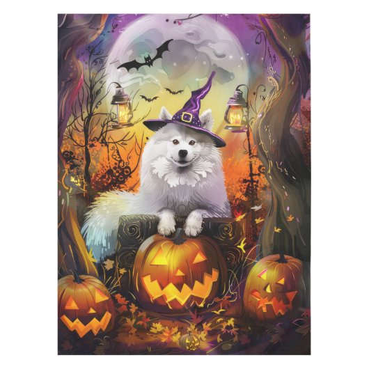 Spooky Samoyed hond Halloween heks en pompoen Tafelkleed (Voorkant)