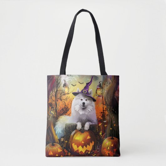 Spooky Samoyed hond Halloween heks en pompoen Tote Bag (Voorkant)