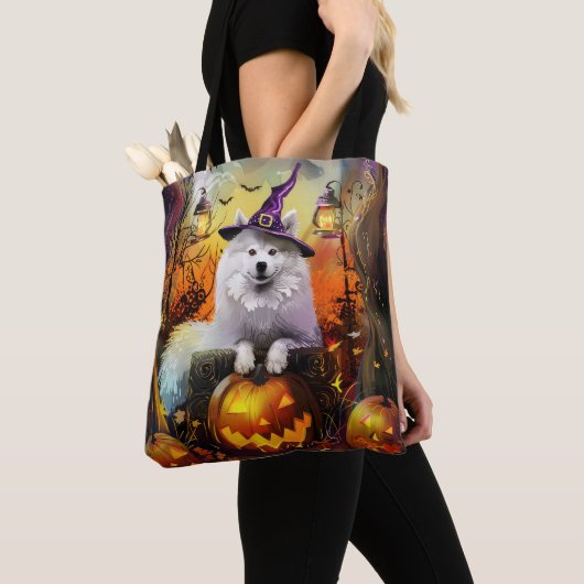 Spooky Samoyed hond Halloween heks en pompoen Tote Bag (Dichtbij)