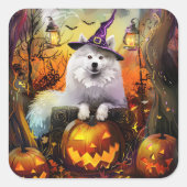 Spooky Samoyed hond Halloween heks en pompoen Vierkante Sticker (Voorkant)