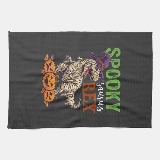 Spooky Saurus Rex Mummie Dinosaur Heksenhoed Pompo Theedoek (Horizontaal)