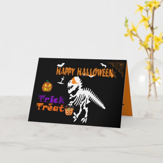 Spooky Saurus T-Rex blij Halloween Kaart (Gele Bloem)