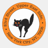 Spooky Scary Black Cat Halloween Retouradres Ronde Sticker (Voorkant)