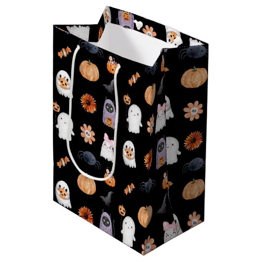 Spooky schattig halloween ghost waterverf stijl zw medium cadeauzakje (Voorkant Gekanteld)