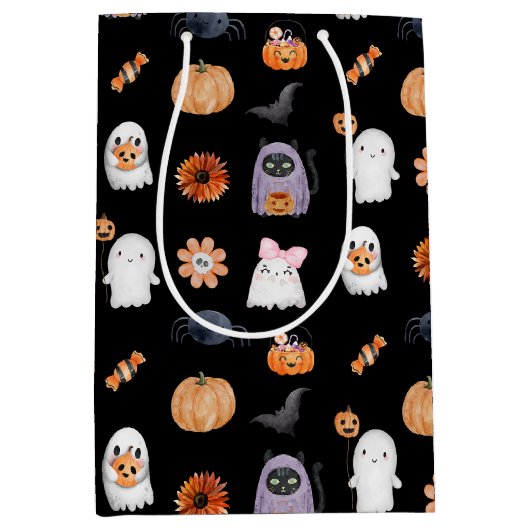Spooky schattig halloween ghost waterverf stijl zw medium cadeauzakje (Voorkant)