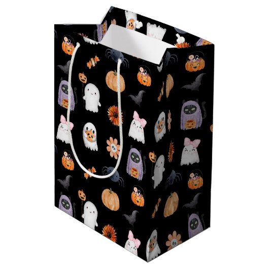 Spooky schattig halloween ghost waterverf stijl zw medium cadeauzakje (Achterkant Gekanteld)