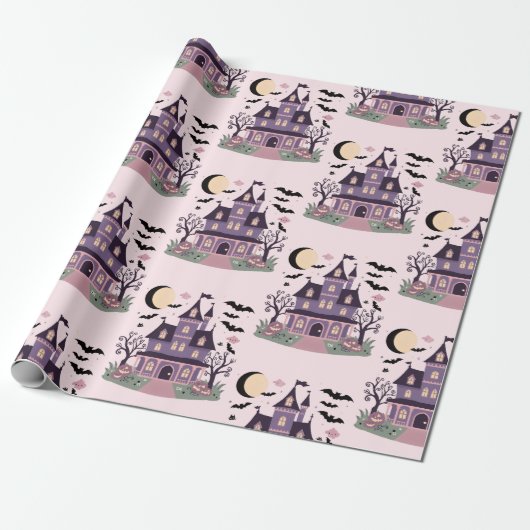 Spooky schattig herenhuis roze patroon cadeaupapier (Uitgerold)