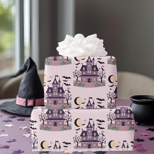 Spooky schattig herenhuis roze patroon cadeaupapier