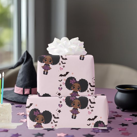 Spooky schattig paarse meisje afro-puff patroon cadeaupapier