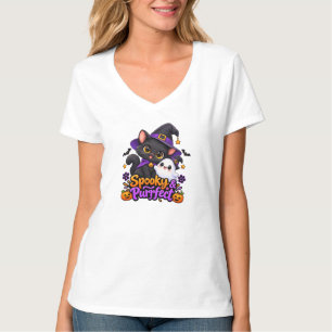 Spooky & Schattig Zwarte Kat Halloween V-Hals T-shirt