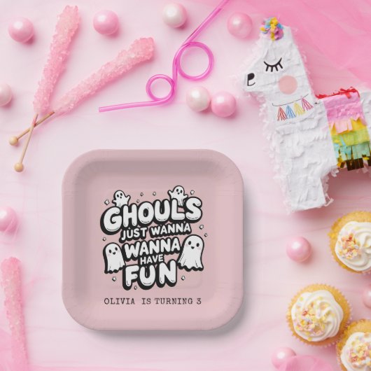 Spooky Schattige Ghost Halloween Verjaardag Roze Papieren Bordje (Feest)