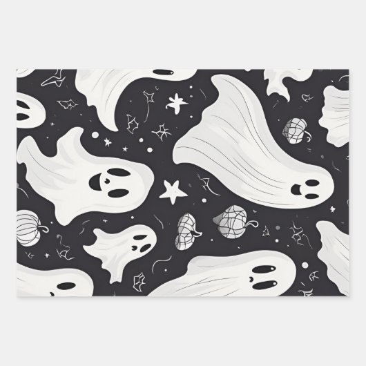 Spooky Schattige Ghost Halloween Zwart Wit Inpakpapier Vel (Voorkant)
