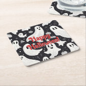 Spooky Schattige Ghost Halloween Zwart Wit Kartonnen Onderzetters (Schuin)