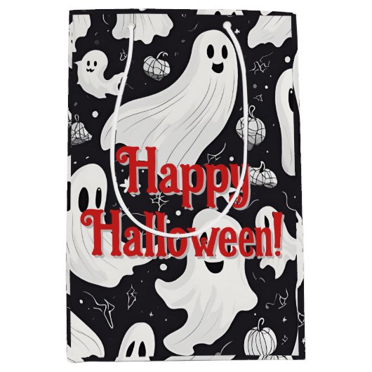 Spooky Schattige Ghost Halloween Zwart Wit Medium Cadeauzakje (Voorkant)