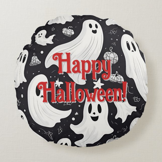 Spooky Schattige Ghost Halloween Zwart Wit Rond Kussen (Voorkant)