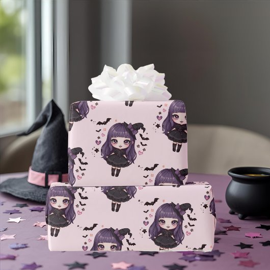 Spooky schattige paarse roze hekserig meisje patro cadeaupapier