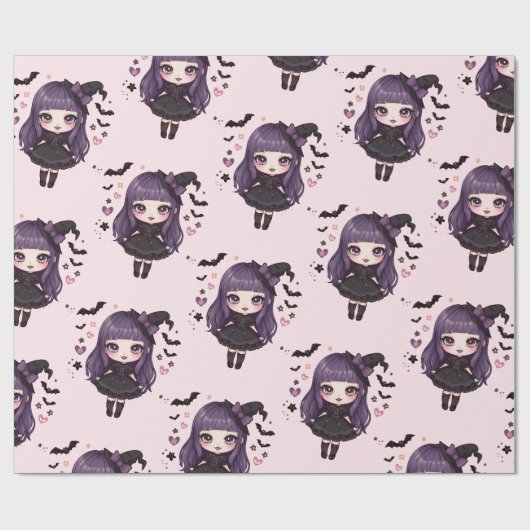 Spooky schattige paarse roze hekserig meisje patro cadeaupapier (Vlak)