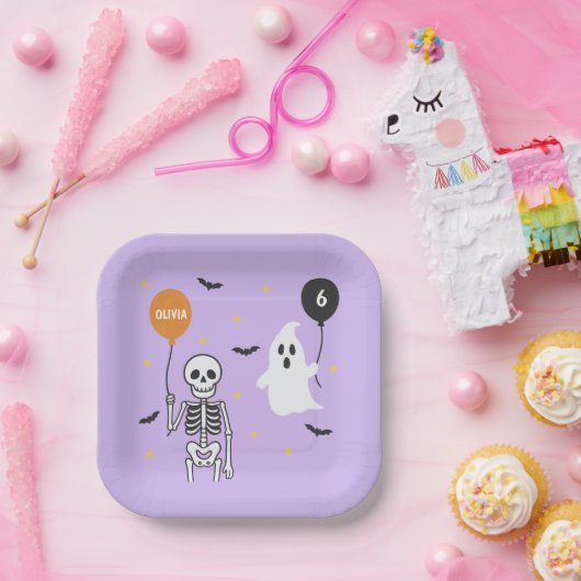 Spooky Schattige Skeleton & Ghost Halloween Verjaa Papieren Bordje (Feest)