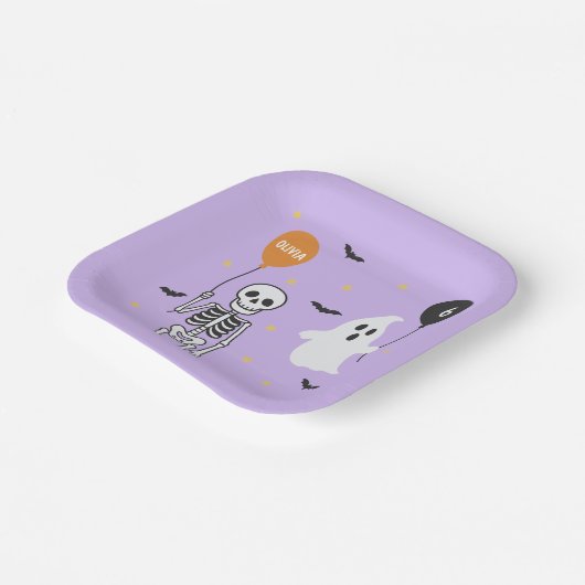 Spooky Schattige Skeleton & Ghost Halloween Verjaa Papieren Bordje (Gebogen)