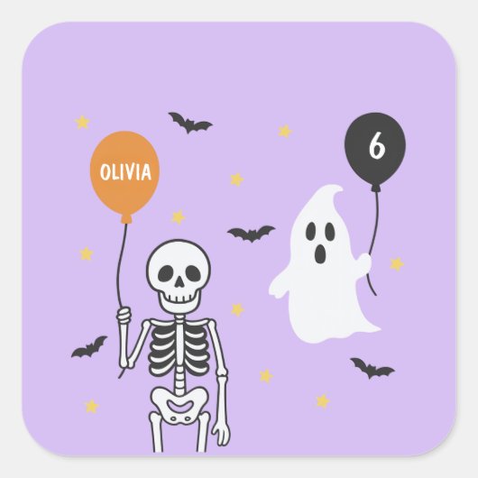 Spooky Schattige Skeleton & Ghost Halloween Verjaa Vierkante Sticker (Voorkant)