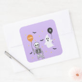 Spooky Schattige Skeleton & Ghost Halloween Verjaa Vierkante Sticker (Envelop)