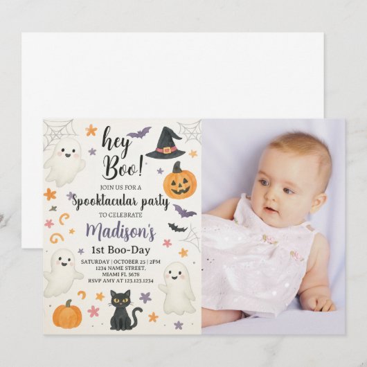 Spooky Schattigee 1e verjaardag uitnodiging | Hey  (Voorkant / Achterkant)
