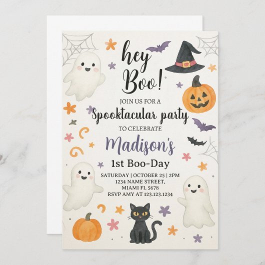 Spooky Schattigee 1e verjaardag uitnodiging | Hey  (Voorkant / Achterkant)