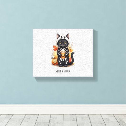 Spooky Schattigee Cat Halloween Canvas Afdruk (Insitu (Houten vloer))