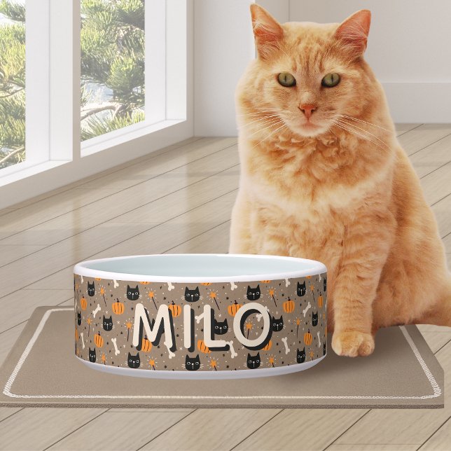 Spooky Schattigee Custom Halloween Pumpkin & Black Voerbakje (Spooky Cute Custom Halloween Pumpkin & Black Cat Bowl)