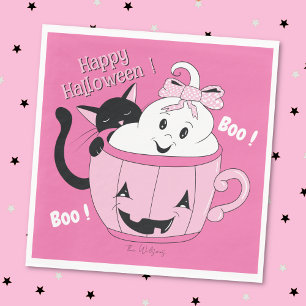 Spooky Schattigee Ghost Cat Pink Halloween Papier  Servet