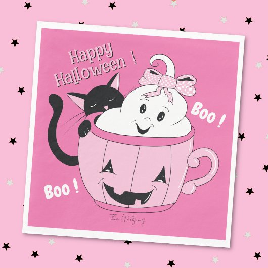 Spooky Schattigee Ghost Cat Pink Halloween Papier Servet