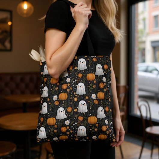 Spooky Schattigee Ghost & Pumpkin Pattern Hallowee Tote Bag