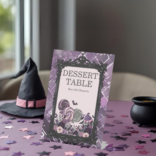 Spooky Schattigee gotische paarse desserttafel Reclamebord Met Voetstuk