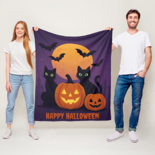 Spooky Schattigee Halloween Black Cats en pompoene Fleece Deken