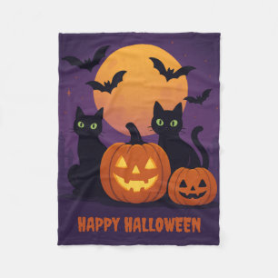 Spooky Schattigee Halloween - Black Cats & Pumpkin Fleece Deken