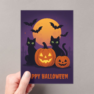 Spooky Schattigee Halloween Black Cats & Pumpkins Acryl Uitnodigingen
