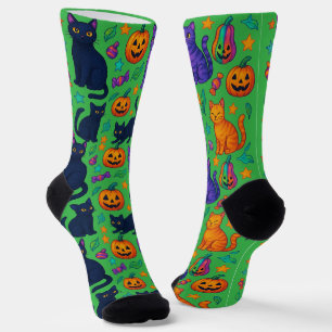 Spooky Schattigee Halloween Cat & Pumpkin Crew Sok