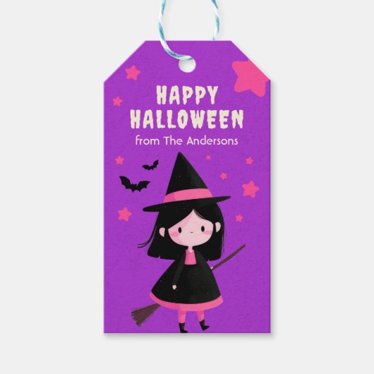 Spooky Schattigee heks Whmsical Paarse Happy Hallo Cadeaulabel (Voorkant)