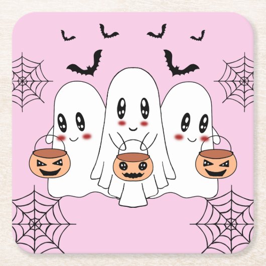 Spooky Schattigee Kawaii Cartoon Ghost Halloween P Kartonnen Onderzetters (Voorkant)