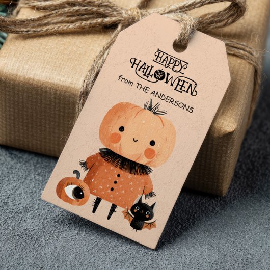 Spooky Schattigee Pompoen Monster Waterverf Hallow Cadeaulabel
